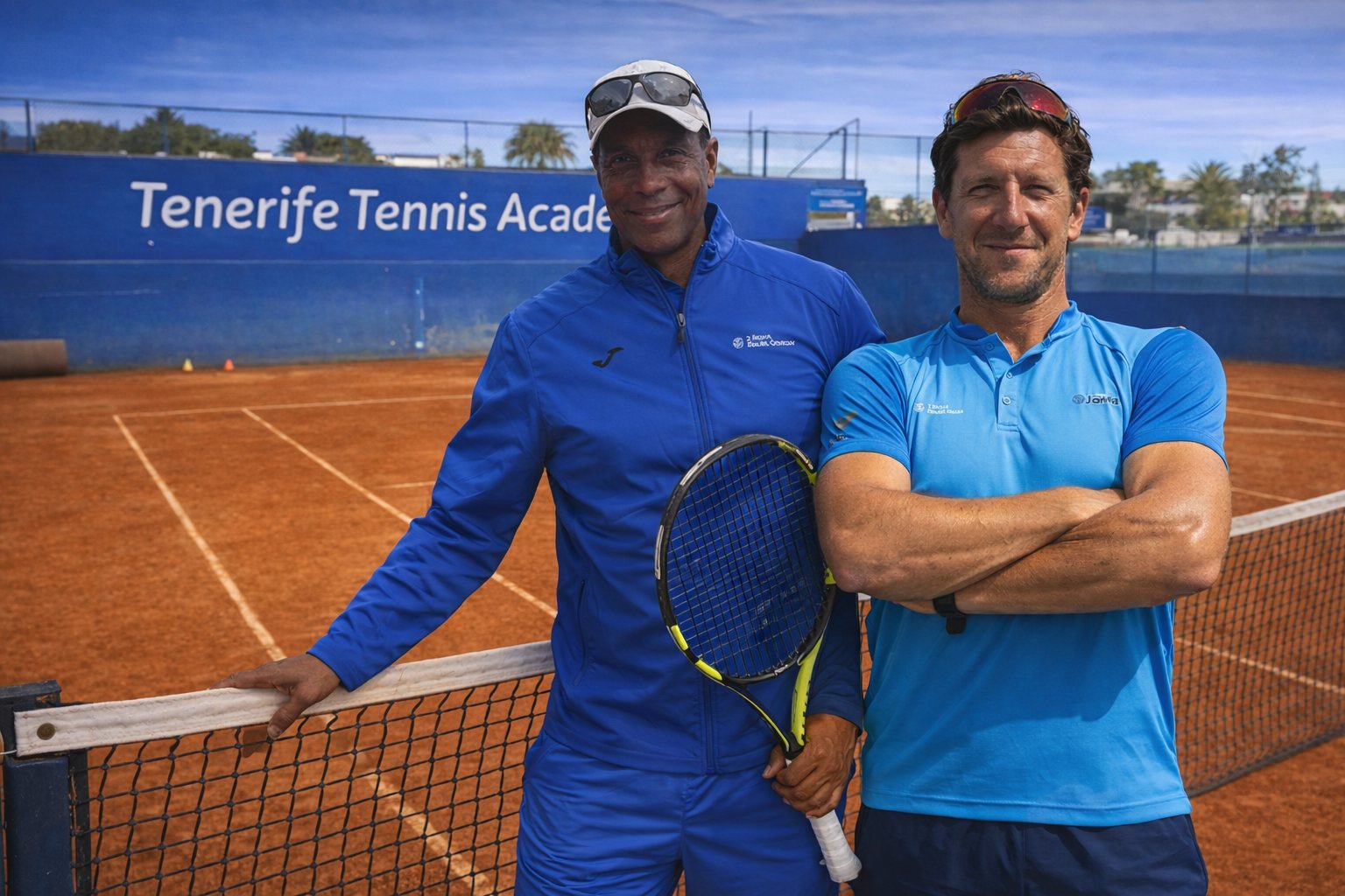 Luis and Patricio at the net on the red clay courts at Chayofa