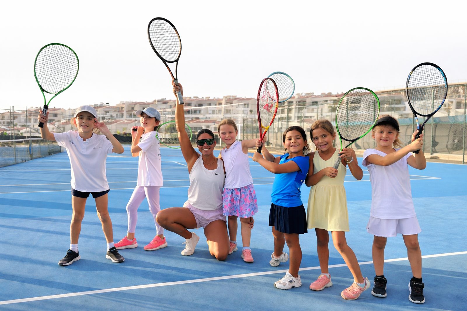 Young players holding their rackets up on the courts at T3