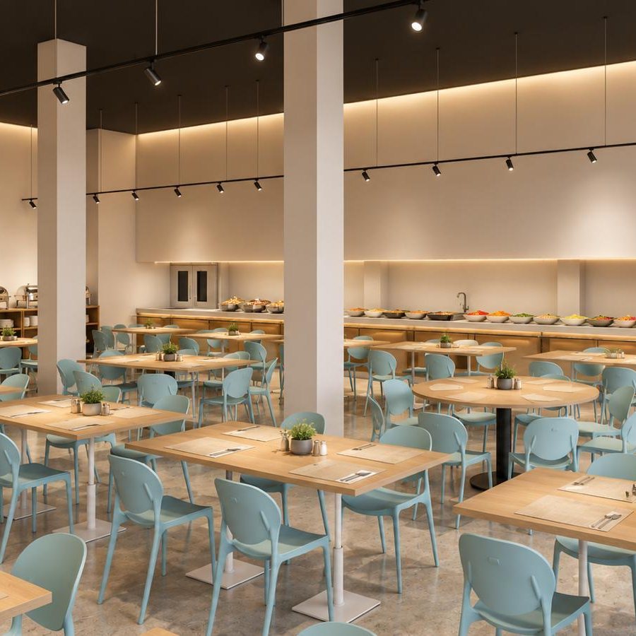 The dining hall with long tables and the service counter along the back wall