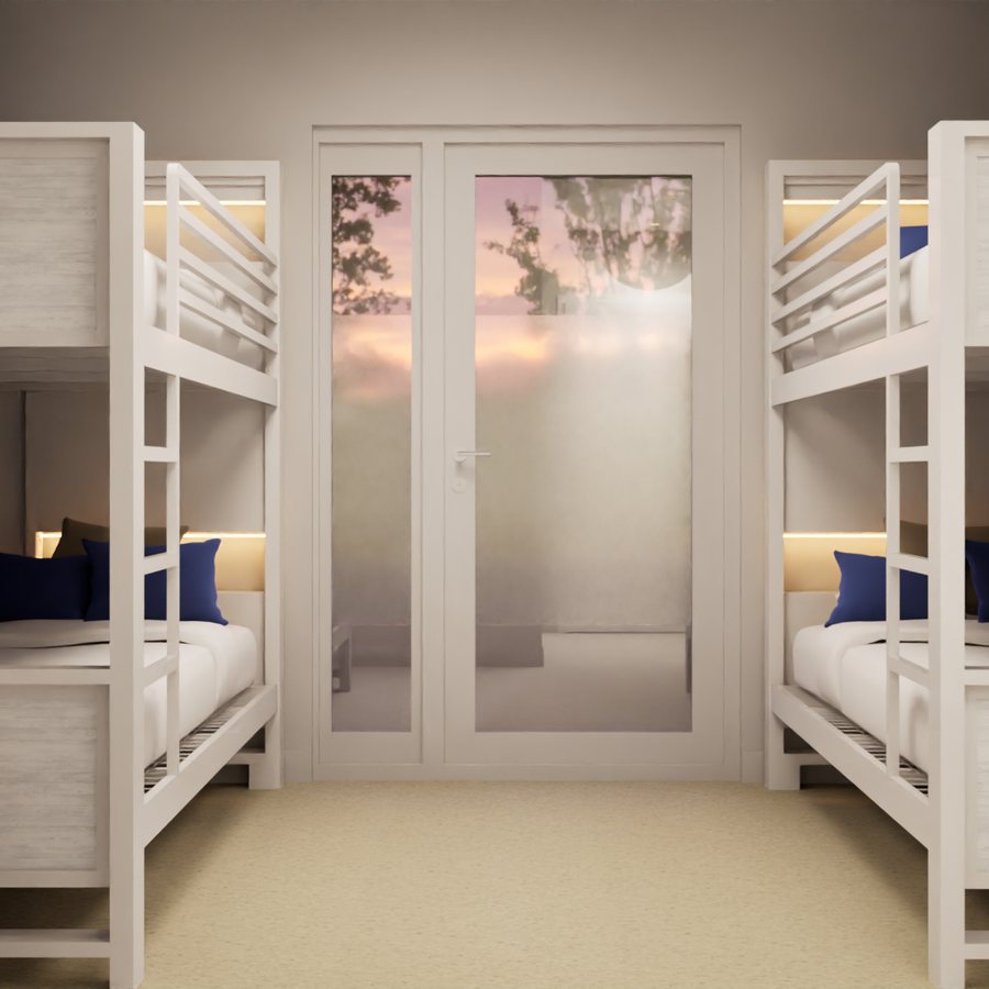 A shared room with bunk beds, reading lights and built-in storage